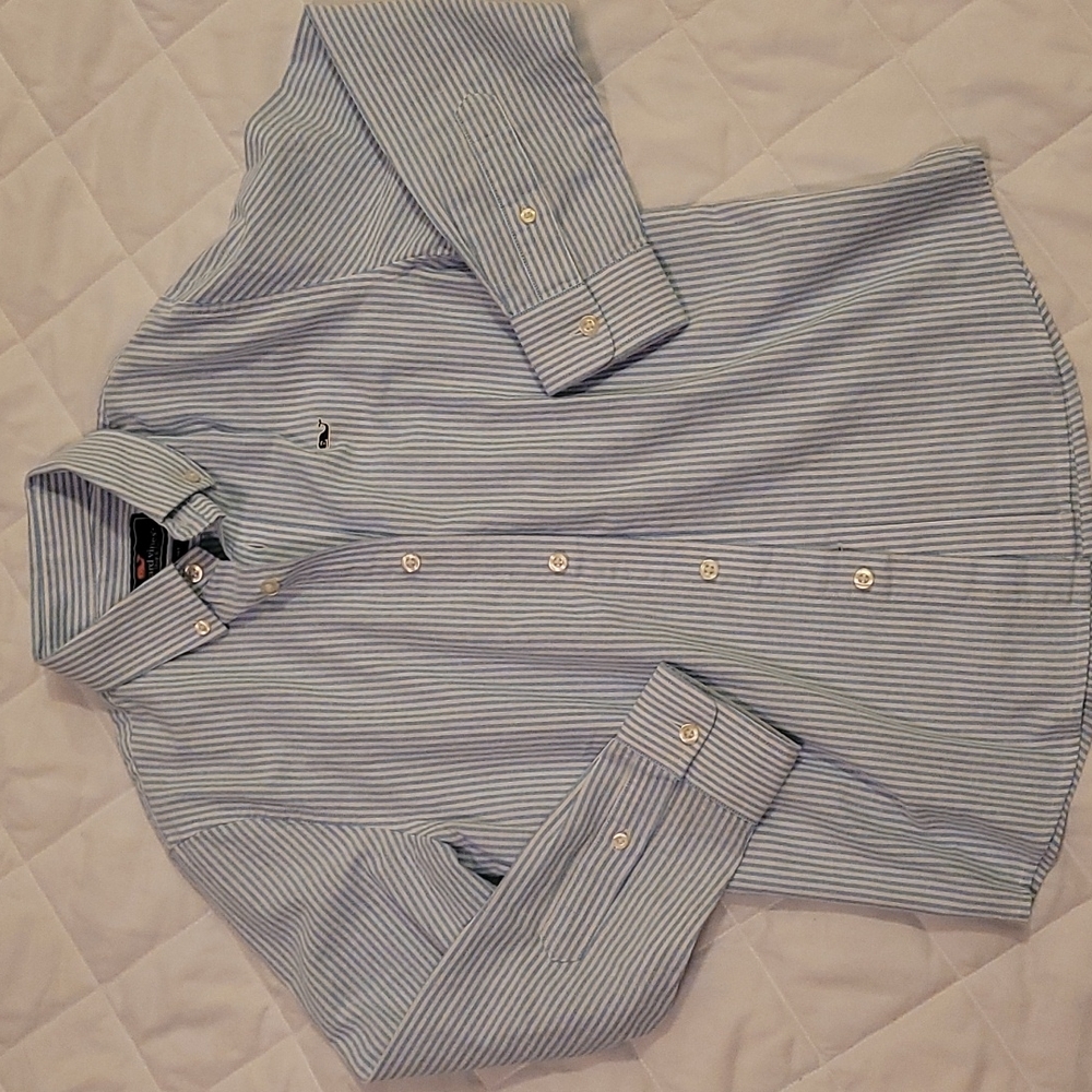 Boy's Vineyard Vines Blue Striped Whale Polo Button Up Shirt Medium